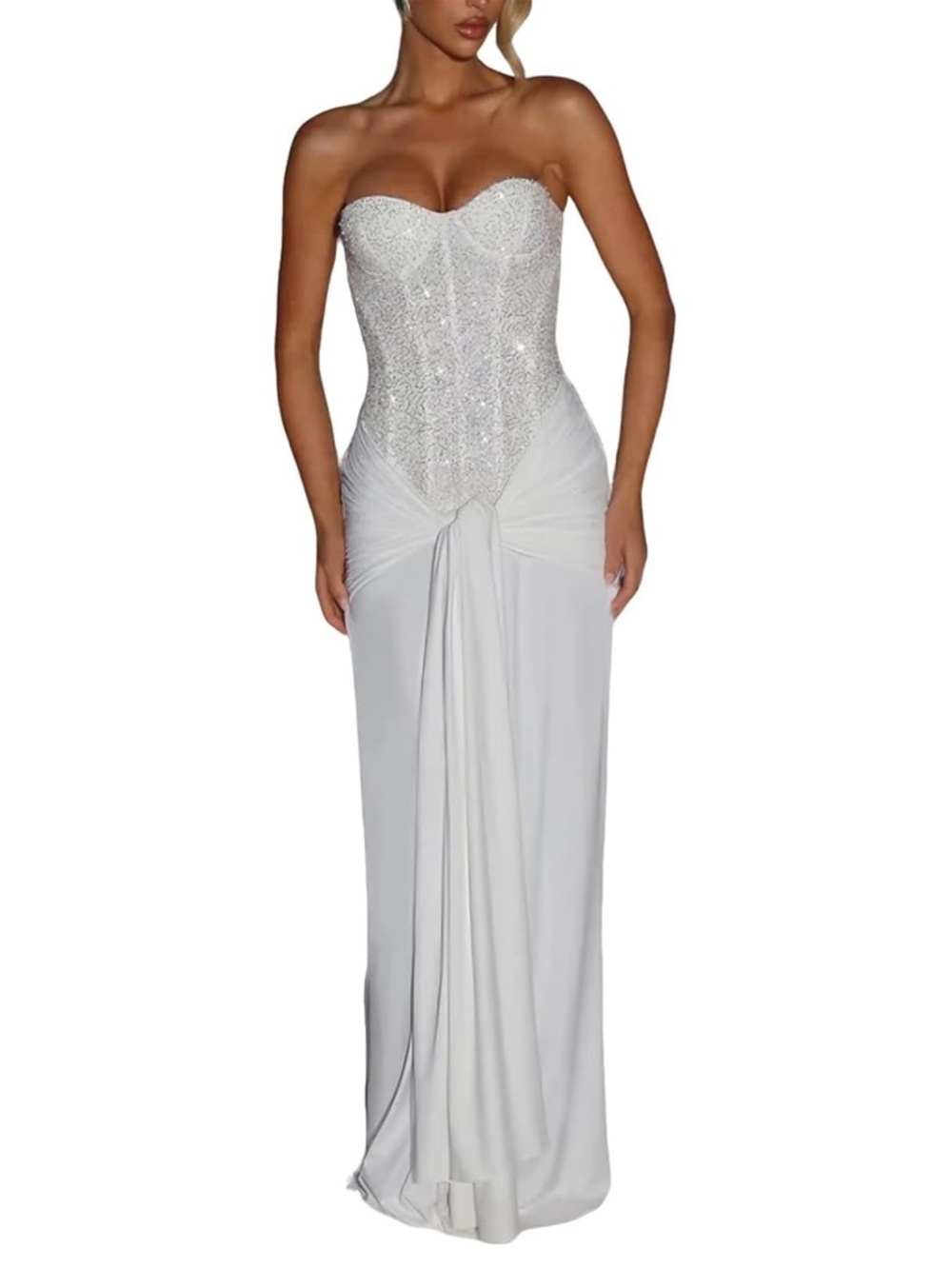 Strapless White Beaded Corset Evening Gown